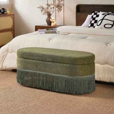 Oval Upholstered Storage Ottoman with Fringe Trim & Lift-Top Lid