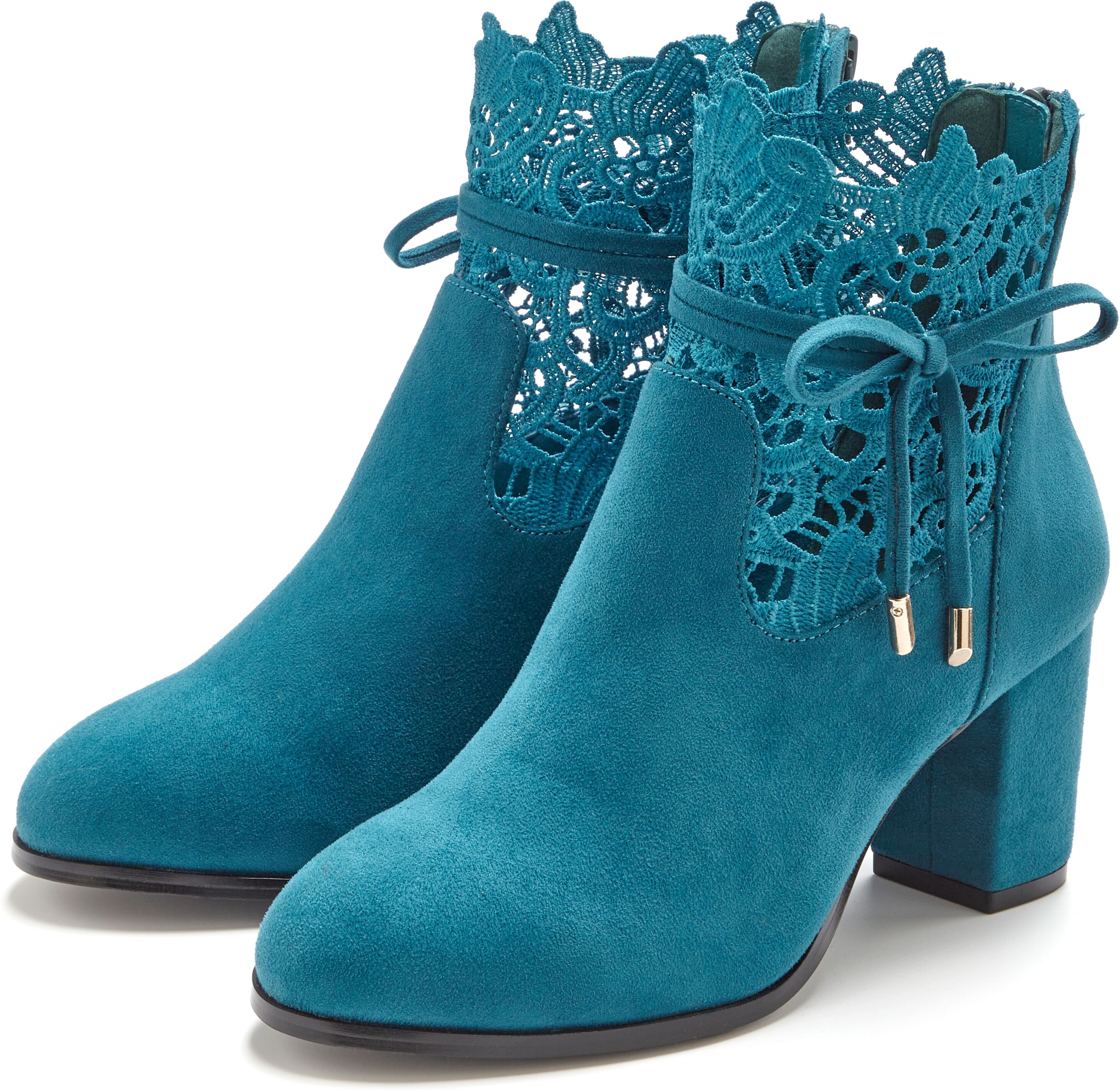 High-Heel-Stiefelette LASCANA "Herbststiefelette, Ankle Boot, Stiefel", Damen, Gr. 35, Textil, petrol, Obermaterial: 100% Textilmaterial. Decksohle: 100% Lederimitat. Futter: 100% Textilmaterial. Laufsohle: 100% Synthetik, unifarben, festlich, Schuhe High