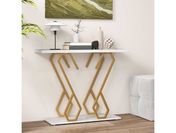 GIANTEX Console Meuble Entrée à 2 Etages - Imprimée Marbre- Table Console Scandinave - Cadre en Métal Doré- 100x 30x 79 cm