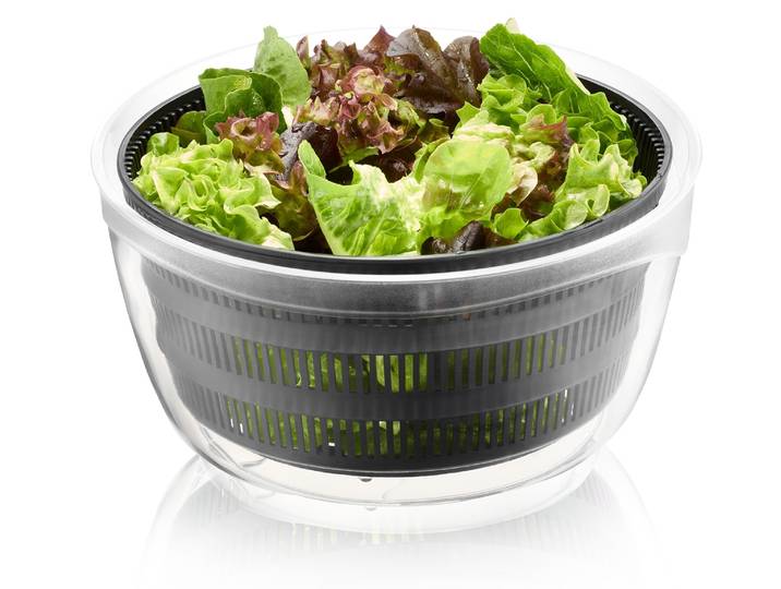 Salatschleuder GEFU 4-IN-1, Schleuder für Salat aus Kunststoff, inkl. Frischhaltedeckel , schwarz (transparent, schwarz), B:25cm H:17,4cm T:25cm Ø:25cm, Kunststoff, Salatschleudern, Salatschleuder, die Schüssel kann zum Servieren verwendet werden