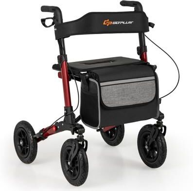 Costway Folding Rollator Walker for Seniors with Seat for All Terrain-Red