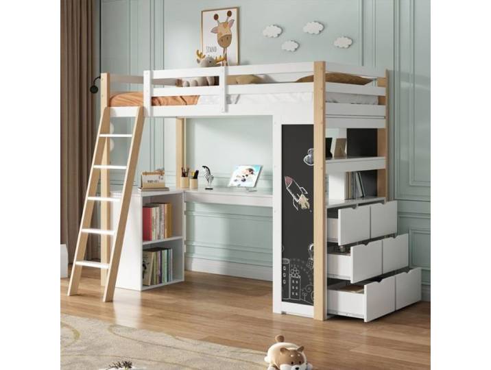 Lit mezzanine pour enfant 90 × 200 cm lit multifonctionnel pour adolescent avec bureau tableau noir et espace de r LIT MEZZANINE