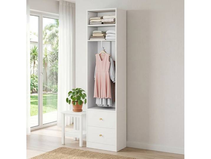 VUENOR Armoire de chambre étroite blanche 50 x 30 x 200 cm avec 2 tiroirs et tringle