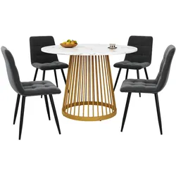 OKWISH Esstisch Set 80x80x76 Rund Modern MDF Marmormuster Metallgestell 4 Samt Stühle Komfort Essgruppe Dunkelgrau