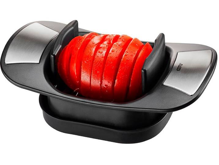 Mozzarellaschneider GEFU CAPRESE , schwarz, B:11,8cm H:7,5cm L:20,4cm, Edelstahl, Kunststoff, Küchenschneider, Mozzarellaschneider, gezackte Spezialmesser für gleichmäßige Scheiben, Edelstahl