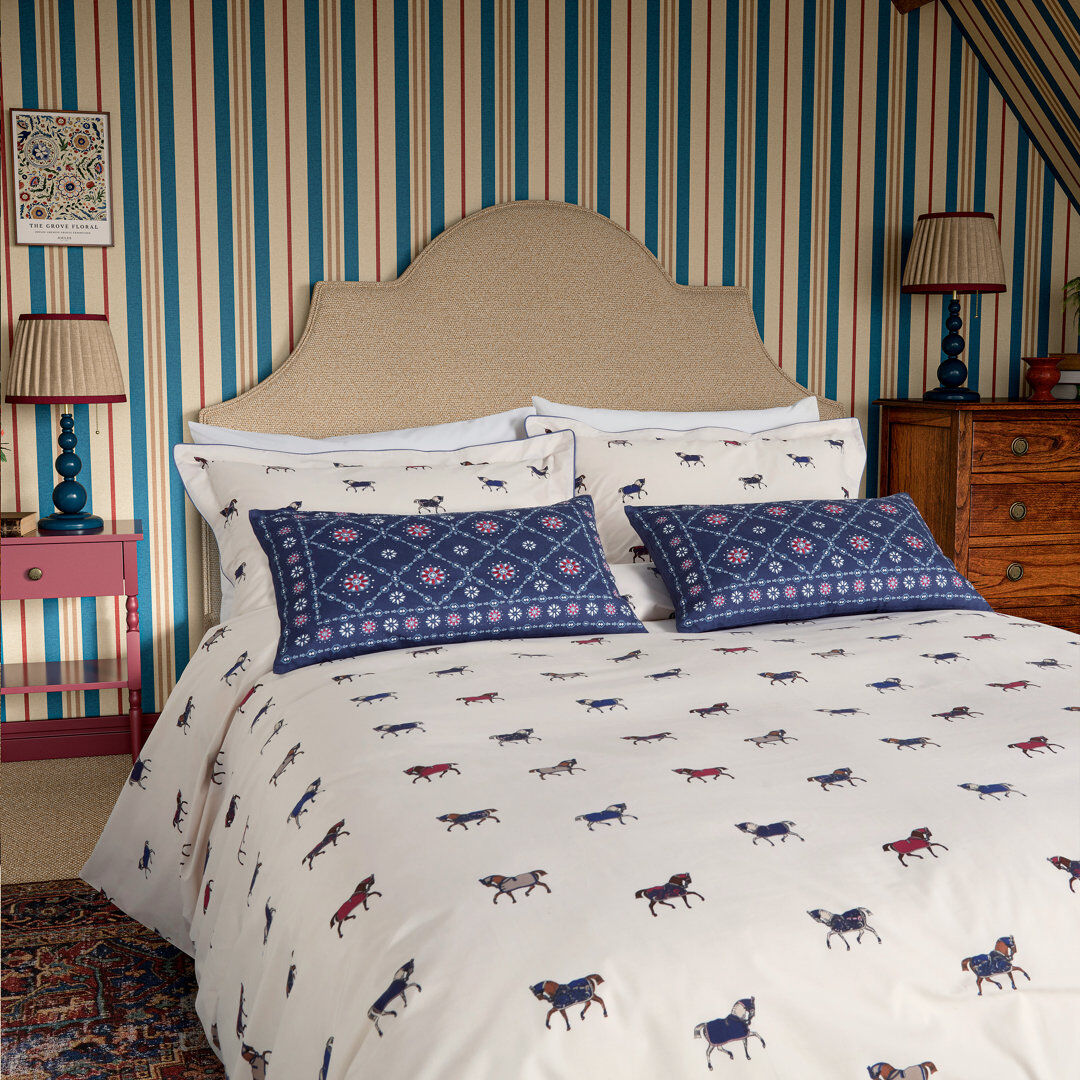JOULES Dressage Horses Cotton Duvet Cover Set Cream;Beige Super King Duvet Cover + 2 Pillowcases