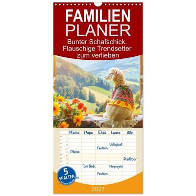 Familienplaner 2027 - Bunter Schafschick. Flauschige Trendsetter zum verlieben mit 5 Spalten (Wandkalender, 21 x 45 cm) CALVENDO