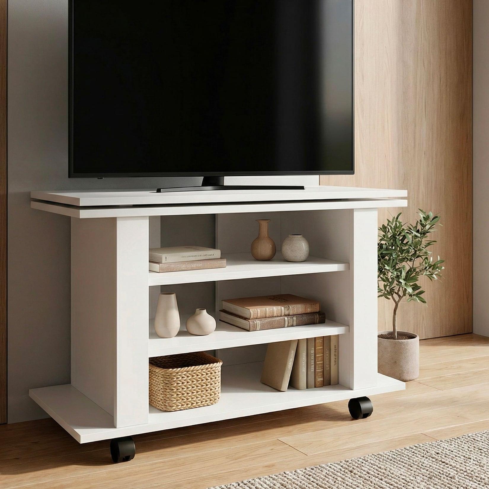 TV Lowboard mit Rollen Weiß 78cm HiFi Bank Rollen Fernsehtisch TV Möbel drehbar