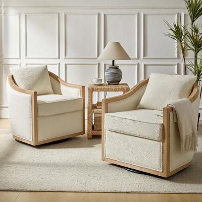 HULALA HOME Oswald Jess Farmhouse Solid Wood Edging Swivel Barrel Chair with Toss Pillows and Fully Assembled Set of 2