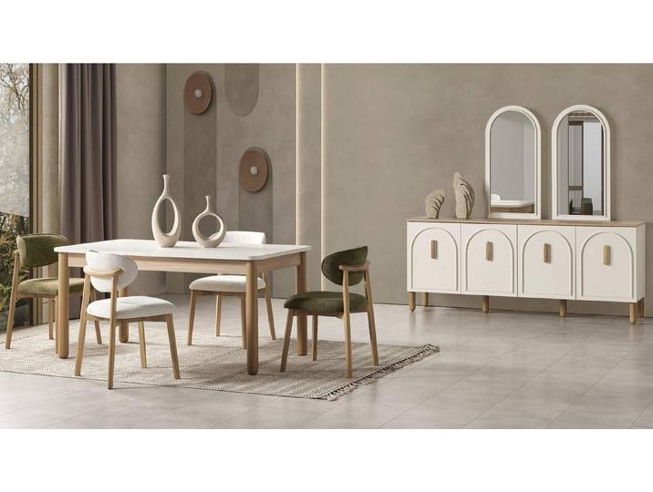 JVmoebel Esszimmer-Set Beiges Esszimmer-Set Esstich Stühle Sideboard Spiegel Modern Elegant, (Esszimmer-Set, 7-St., 7-tlg)
