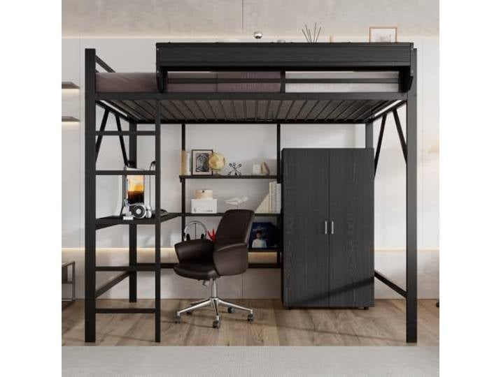 I0I&I0I Eisenbett Etagenbett für Kinder mit Tisch und Schrank Reichlich Stauraum mit 5-stufiger Leiter Eisen Spanplatte::: (Black + MDF+Metal)
