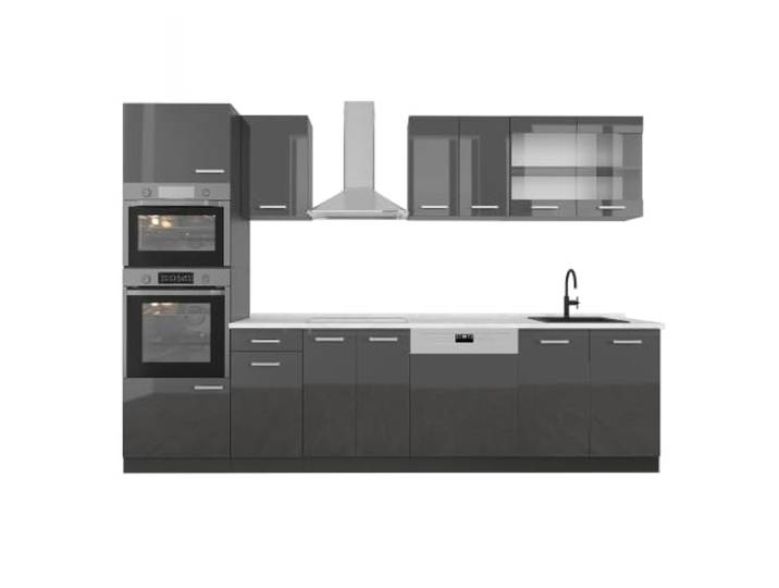 Vicco Küchenzeile R-Line, Anthrazit Hochglanz, 300 cm 8 Module · Höhenverstellbare Füße · Arbeitsplatte Marmor · Robuste Fronten · Mit Backofen-/Mikrowellenschrank
