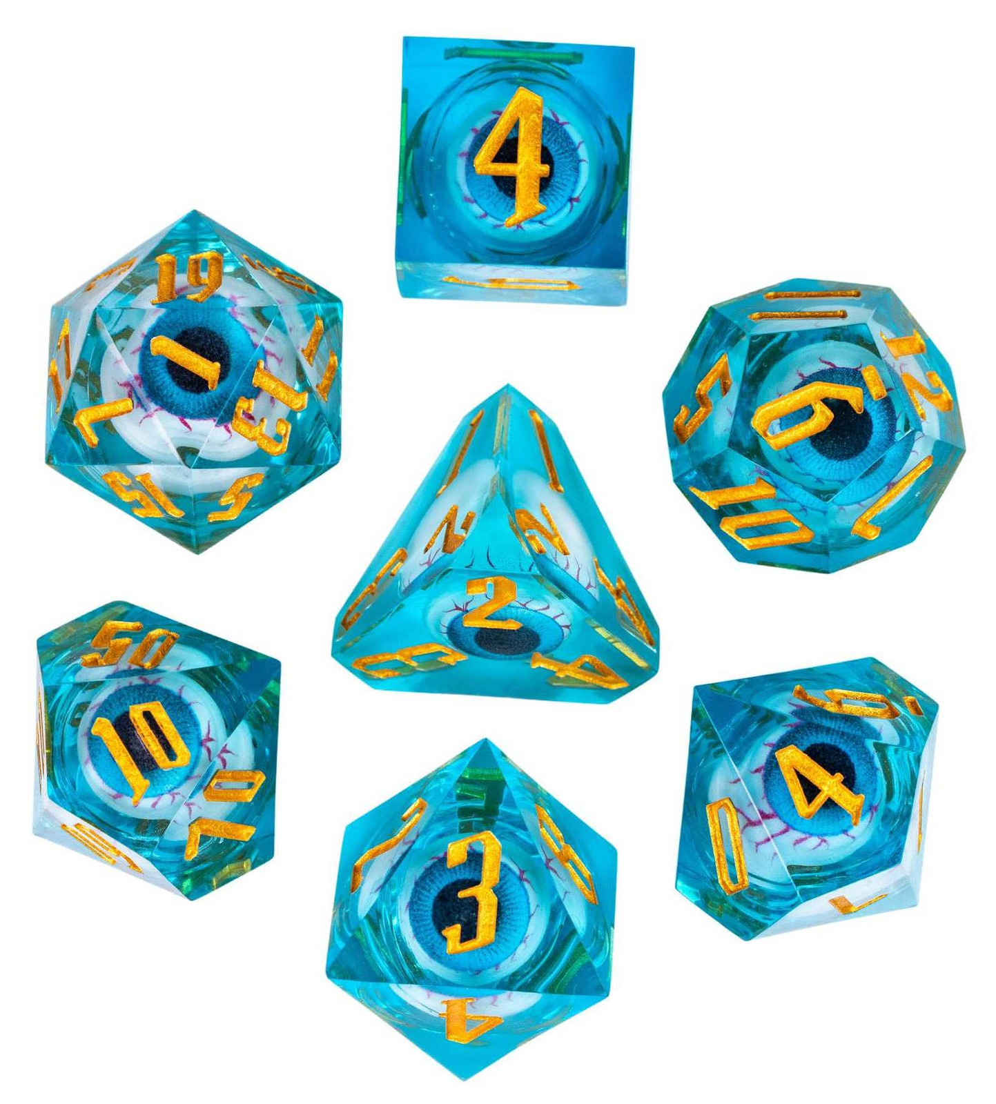 Hot Games dobbelsteen set met blauw oog en liquid effect voor D&D rollenspellen