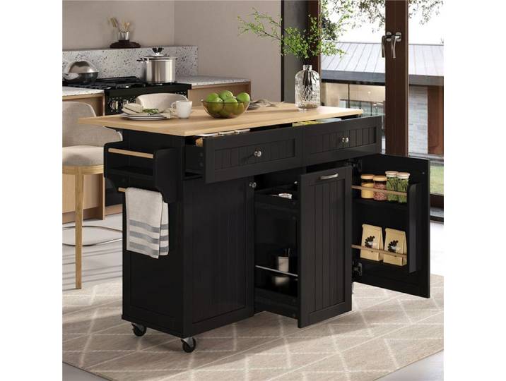 Ilot Central Cuisine Table Extensible à Roulettes et Rangement Ilot Cuisine avec Tiroirs Étagères Ajustables Meuble Noir et Bois