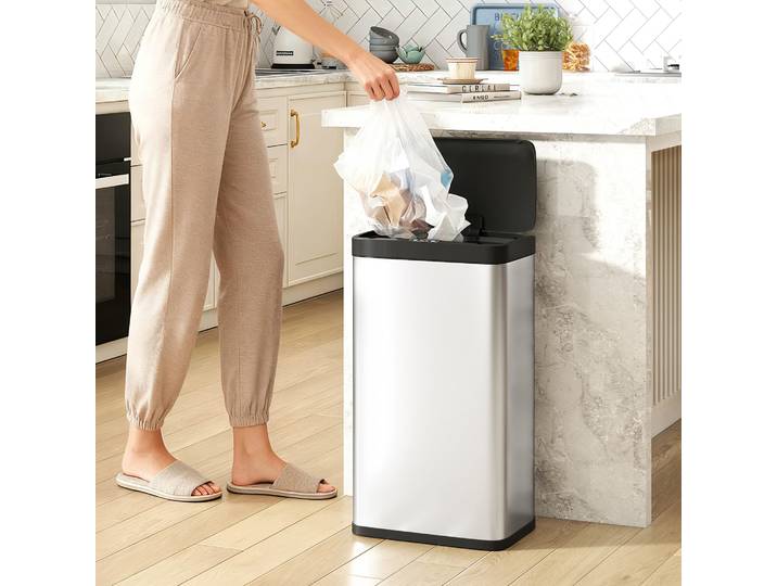 HOMCOM Poubelle Capteur 45L Couvercle Doux Cuisine Argent
