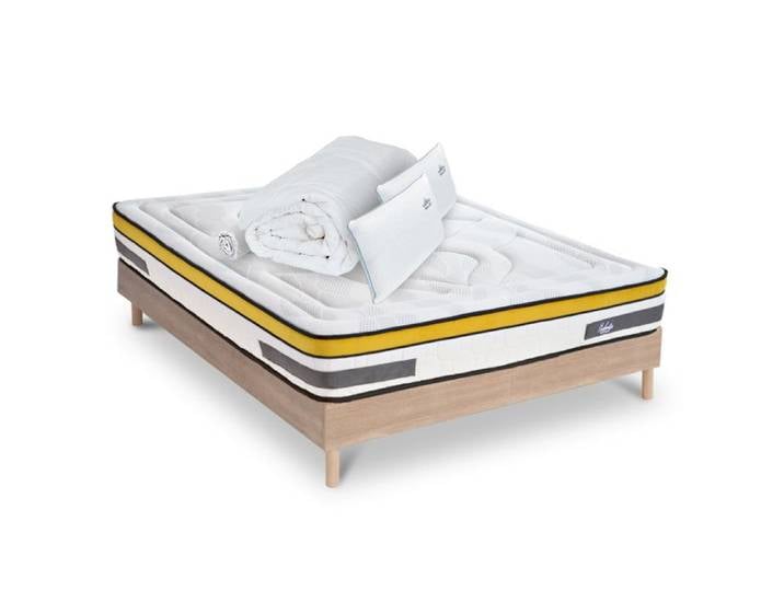 Ensemble Aubertin 140x200 cm + sommier bois + accessoires - Ressorts + mémoire - Ép. 24 cm