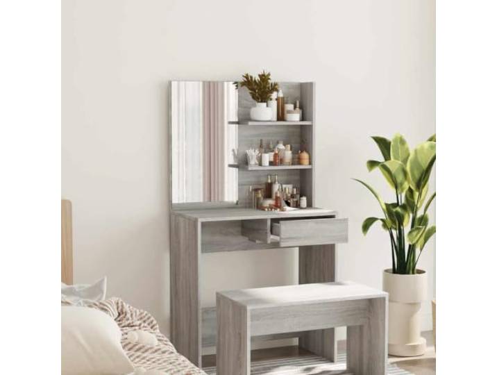 GBCDSWBR Schminktisch mit Spiegel, Kosmetiktisch Holzwerkstoff Grau Sonoma Asymmetrisches Design, Platzsparende Schublade, Zwei Ablagefächer
