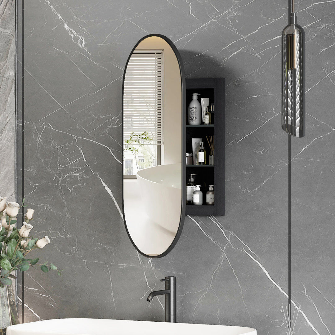 Latitude Run Ayyat 80x80cm Wall-Mounted LED Bathroom Mirror Cabinet with 3 Doors & 8 Shelves Matte Black