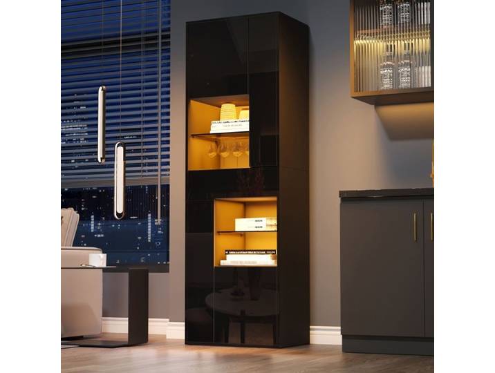 Vitrine - ZEVKOR - Vitrine LED noire - 4 placards 1 tiroir - 11 rangements verre trempé - 38x55x170 cm