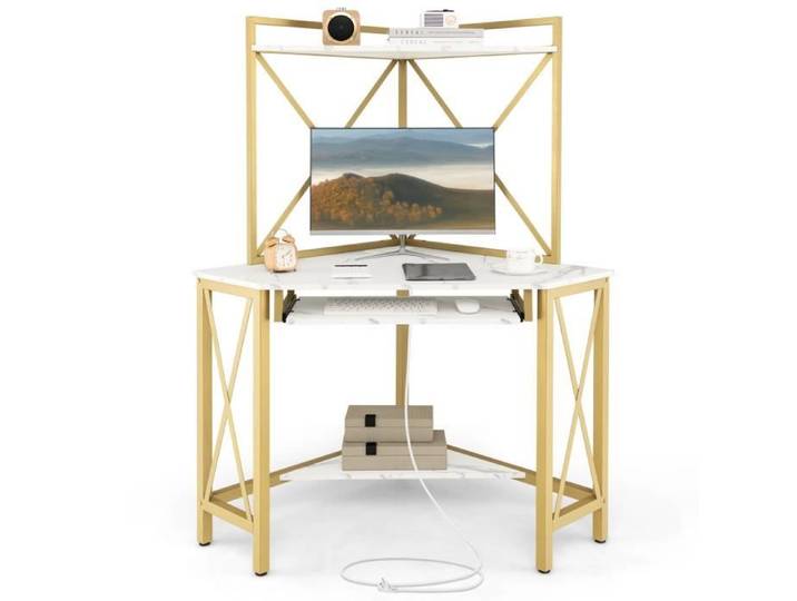 COSTWAY Bureau d'Angle Informatique avec Clapier Étagères et Plateau pour Clavier Prises Secteur et Ports USB Blanc