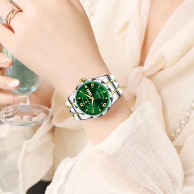 Youfap Market Luxury Stainless Steel Quartz Watch For Women, Elegant Waterproof Date & Luminous Hands silver Green