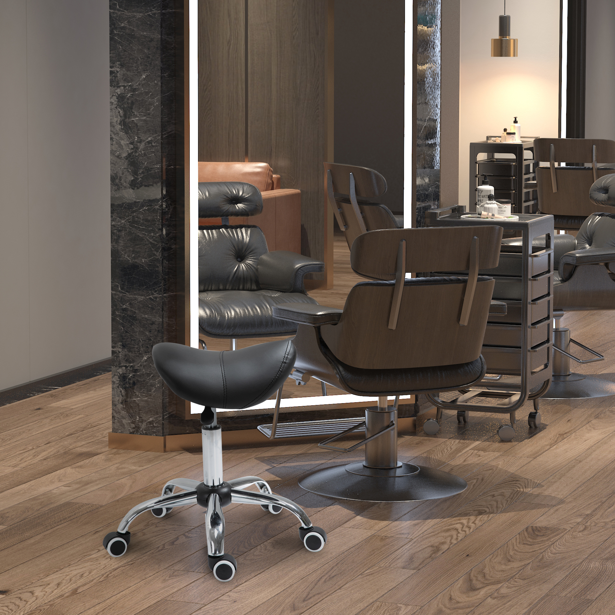 Homcom Sgabello da Lavoro a Sella con Ruote e Altezza Regolabile per Negozi Parrucchiere e Tattoo, Sgabelli Imbottiti 52x53x49-61cm Nero