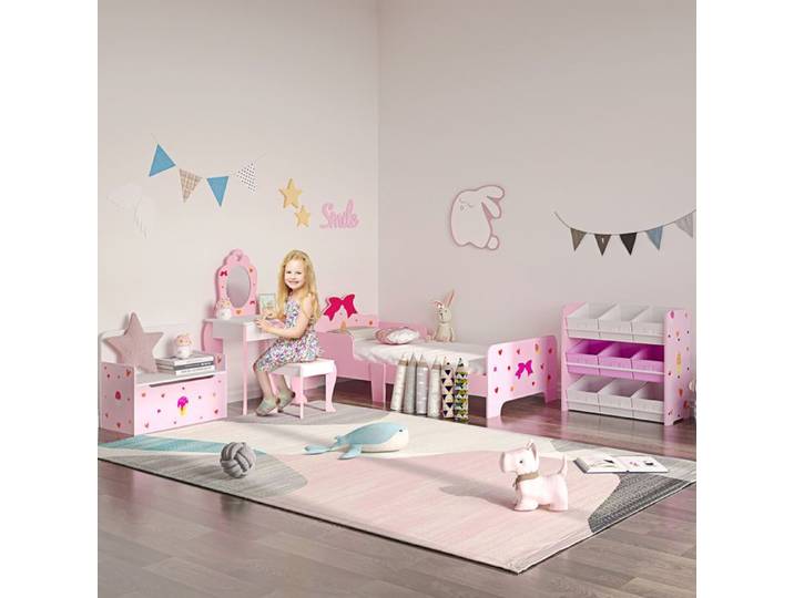 Coiffeuse enfant avec tabouret miroir et tiroir en MDF 3-6 ans blanc et rose