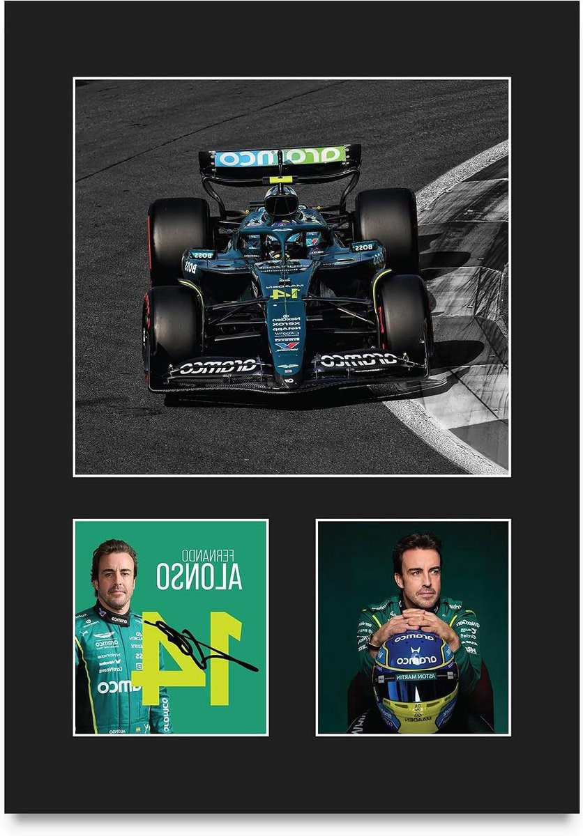 Fernando Alonso Race Poster F1 Print met gesigneerde handtekening - A4 - Zwart