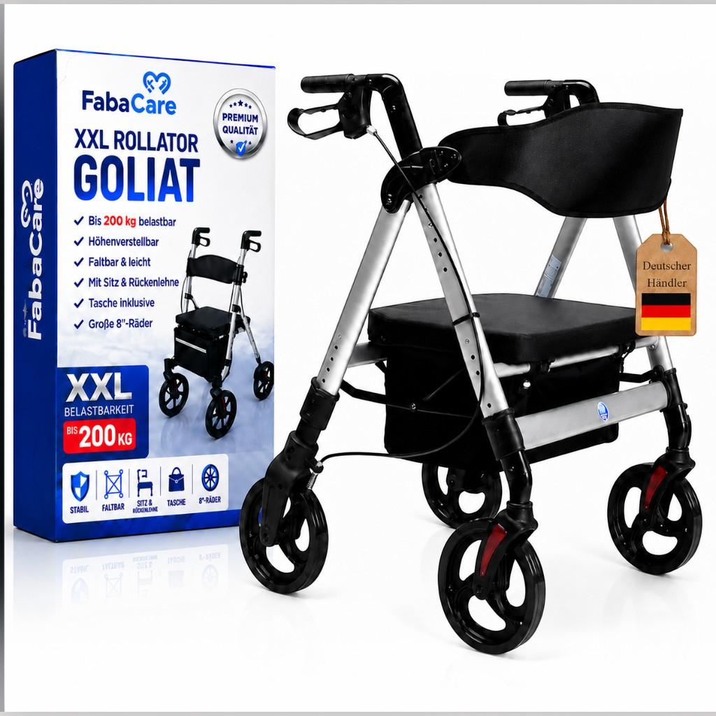 FabaCare XXL Rollator Goliat, höhenverstellbar, faltbar, Gehwagen, bis 200 kg, Farbe Silber