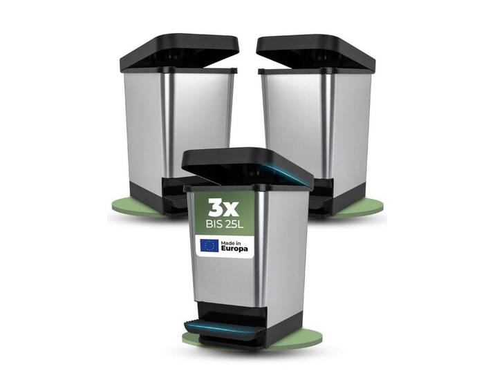 Novaliv Mülleimer 31166-3x, Novaliv 3x Mülleimer mit Deckel - 25L Tretmülleimer - Stabiler Abfalle