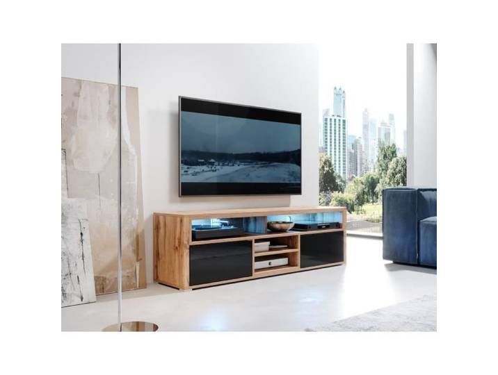 Meuble TV / Meuble de salon - MARIO - 140 cm - chêne wotan / noir brillant - avec LED - 4 niches ouvertes - 2 compartiments fermés