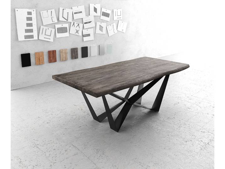 Esstisch Edge 200x100 XL Akazie Platin Spider Flachstahl Schwarz Live-Edge, Esstische, Baumkantenmöbel, Massivholzmöbel, Massivholz