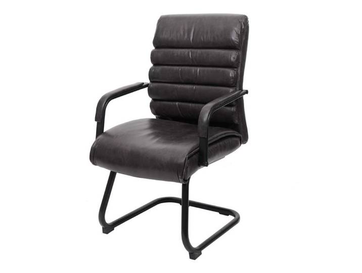 Fauteuil de bureau sans roulettes chaise de conference vintage aspect daim PVC noir et metal 04_0006245