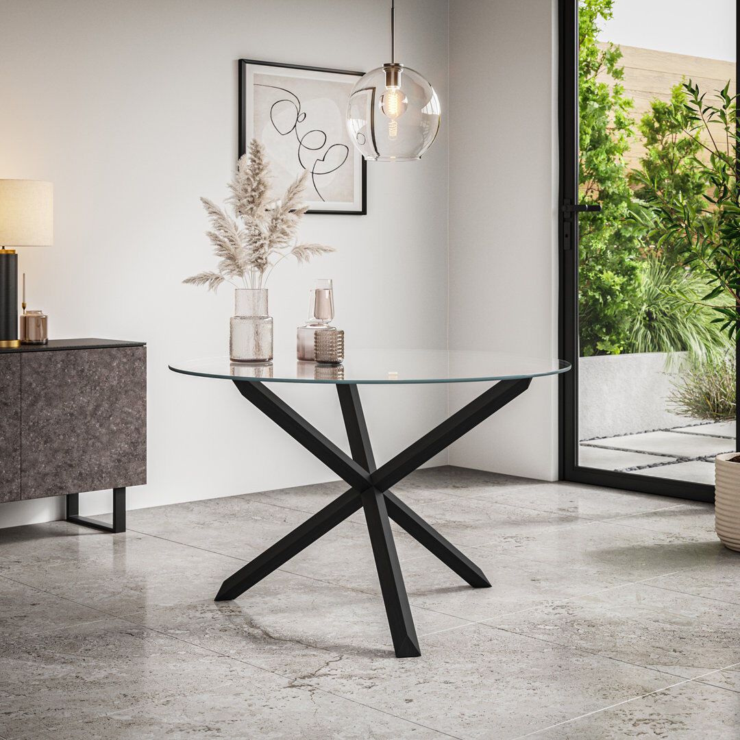 Metro Daryen Round Glass Top Dining Table with Wood Base Black