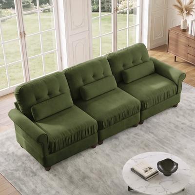 "GDFStudio - Chenille 98"" 3-Seater Modular Couch with Ruffled Skirt, Rolled Arms & Lumbar Pillows"