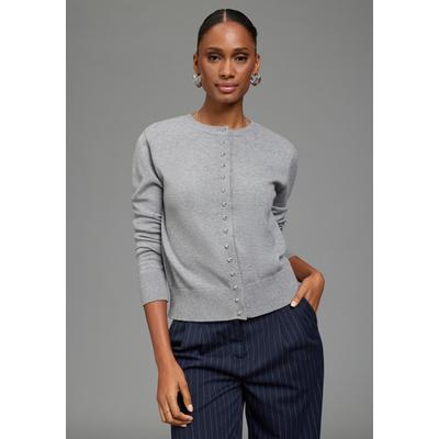 Cardigan BRUNO BANANI "mit femininen Knöpfen", Damen, Gr. 40/42, grau (hellgrau, meliert), Strick, Obermaterial: 50% Viskose, 28% Polyester, 22% Polyamid, unifarben, figurbetont hüftlang, Rundhals, Bündchen, Strickjacken, figurbetonte Passform,...