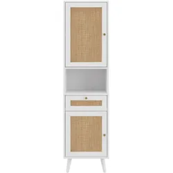 Merax Badezimmer-Hochschrank 40x30x166 cm, Badschrank aus weißem MDF mit Rattan-Türen, Schublade, Soft-Close & wendbarer Montage