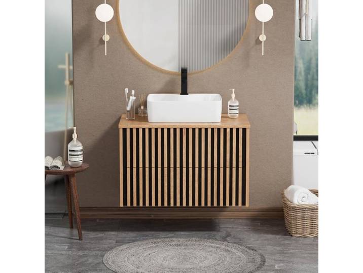 GOOBUY Meuble Salle de Bain Meuble Suspendu 81cm avec Vasque à Poser Lavabo en Céramique Motif de Ligne 81x46x52cm Naturel