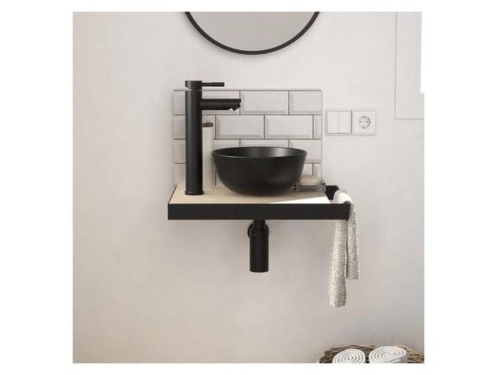 Meuble lave-mains SOHO plan fin p-serviette côté vasque noire + robinet