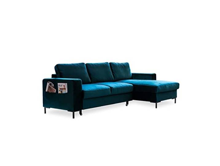 MIUFORM Ecksofa mit Schlaffunktion und Bettkasten Lofty Lilly Wohnladschaft Couch Schlafcouch Wohnzimmer Gästezimmer Samt-Stoff Metallfüße (Petrolgrün, Rechts ausgerichtet)