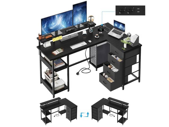 HOMALL Bureau d Angle 155cm Noir · Prises + USB Integres · Tiroirs + Etageres · Reversible · Etagere Ecran
