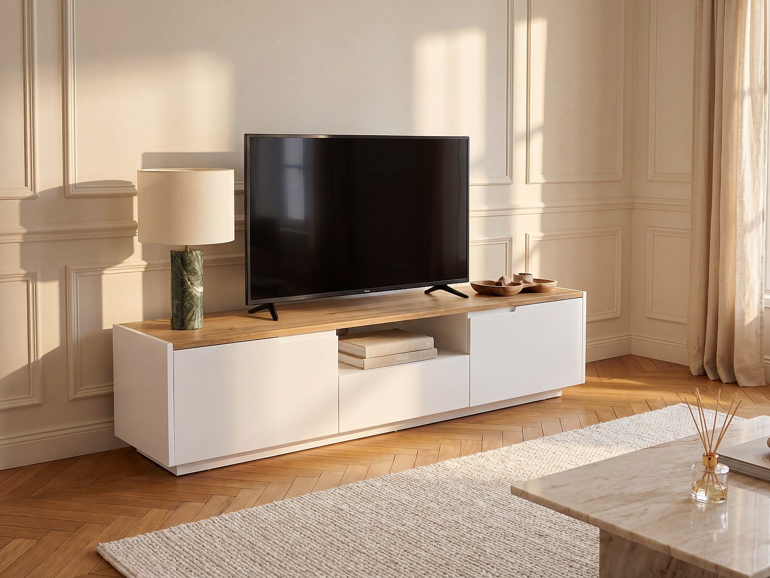Vente-unique TV-Möbel mit 2 Türen & 1 Schublade - MDF lackiert - Weiß & Eichefarben - AMANI 649975