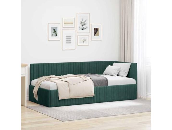 Samt Eckbettgestell mit Kopfteil Dunkelgrün 90x200 cm L-Form, Stoffbezug, stabiler Lattenrost, verstellbares Kopfteil, platzsparend