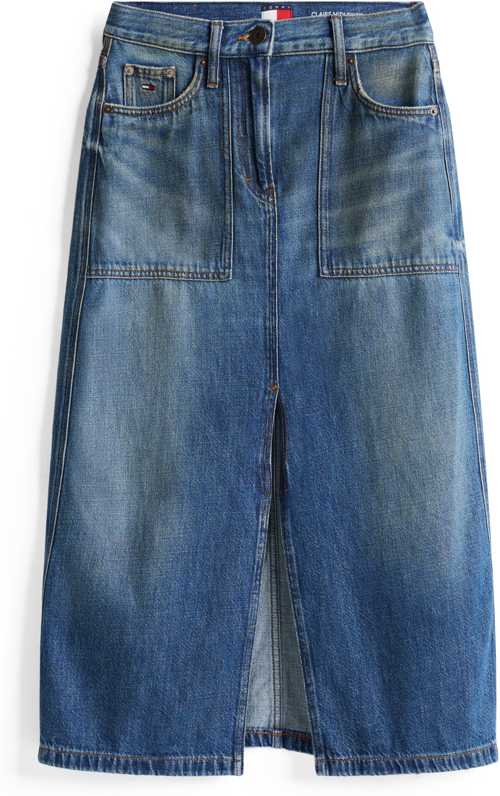 Jeansrock TOMMY JEANS "CLAIRE MIDI SKIRT UTILITY CI2037", Damen, Gr. 26, blau (denim medium), Denim/Jeans, Obermaterial: 100% Baumwolle, unifarben, ca. Mitte Wade, Röcke Jeansrock