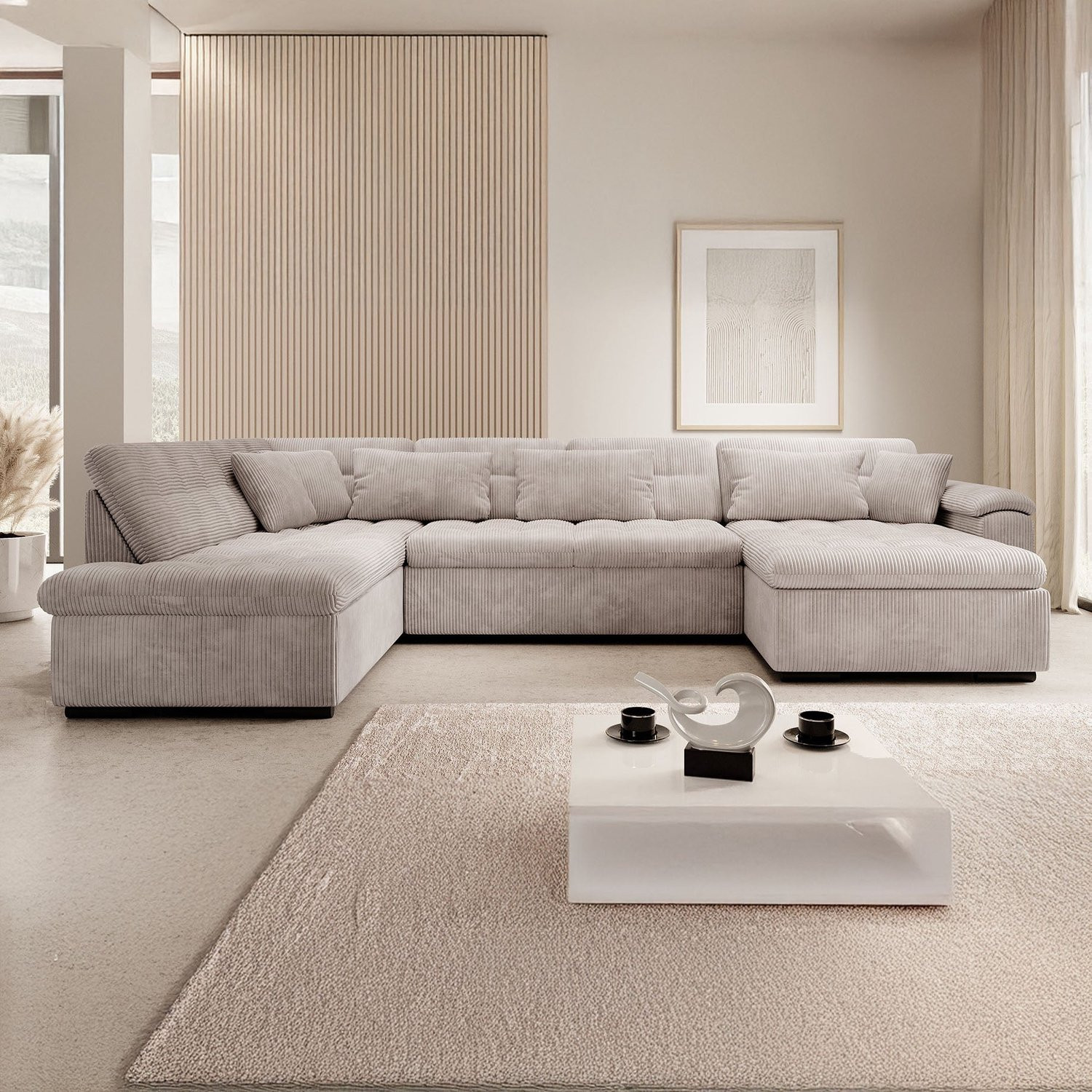 Meubella Hoekbank Nicoreta Beige Ribstof U-vorm Rechts