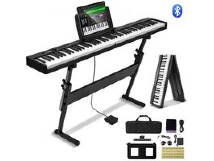 VEVOR Clavier Piano Pliable 88 Touches, Bluetooth et MIDI, Piano Électronique Numérique Portable, Support, Pédale de Sustain, Touches Sensibles, Rechargeable pour Débutants, Adolescents, Adultes, Noir