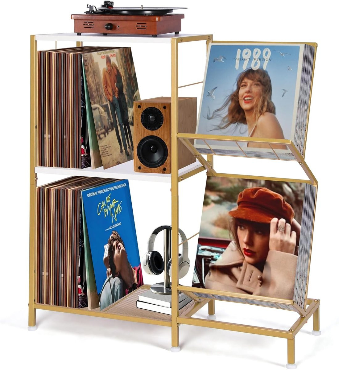 SnelShoppen Turntable Stand met 2 Laags Vinyl Record Storage, Multifunctionele Houten Plank met Metaal Frame in Goud/Wit voor de Woonkamer