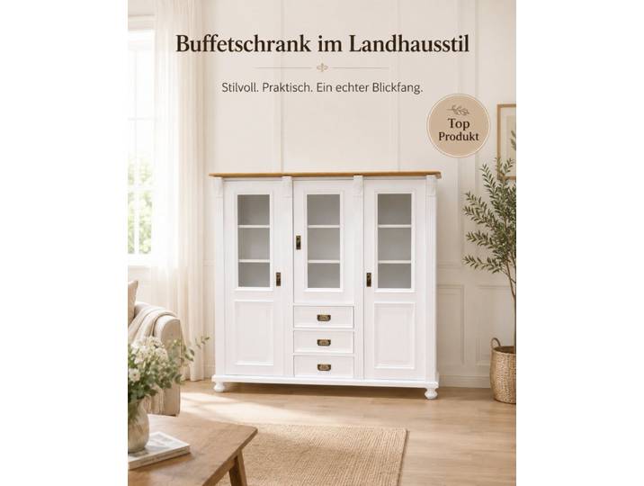 Wohnpalast Vitrine Premium Jugendstil Vitrine aus Weichholz – Landhaus-Stil, Weiß lackier
