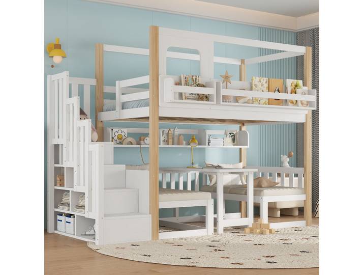 Lit Enfant Rangement Bureau 90x200 Cm Bois Massif Blanc Havrya