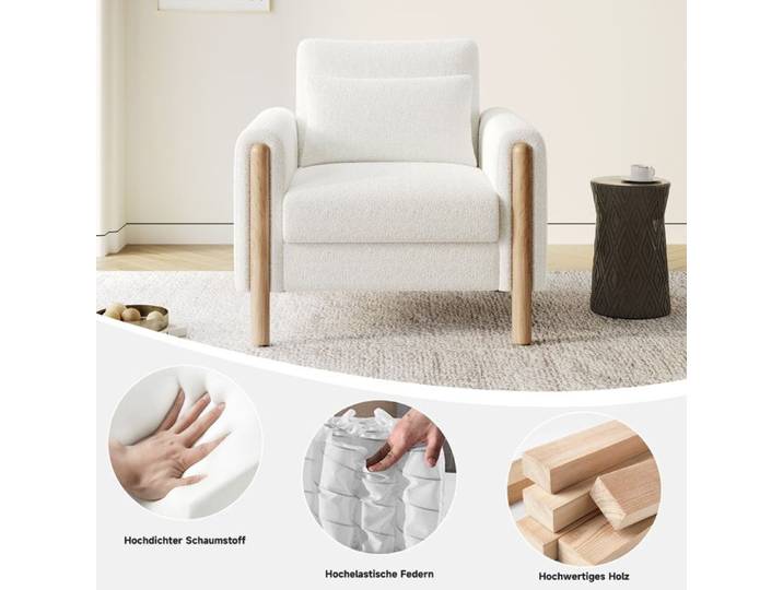 Chaise d'accoudoir moderne avec coussin épais Fauteuil simple confortable avec rembourrage doux Blanc Fauteuil relax pour salon